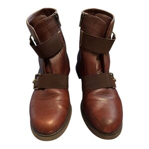L'Amour Des Pied Brown Leather Moto Boots‎ Women Buckle Straps and Zip Close 6.5